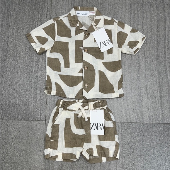 Zara Other - Zara Kids Olive and Cream Patterned printed linen blend Outfit shirt and shorts